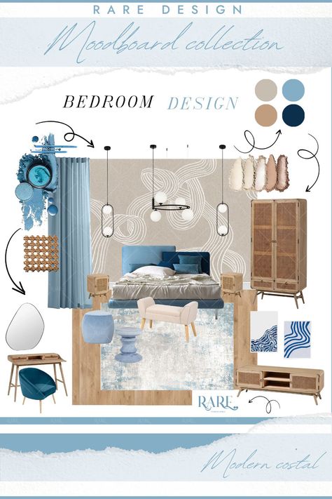 Modern coastal style - bedroom moodboard by @raredesigninterior Follow us for more interior design ideas! #interiordesign #japandi #moderncoastal #scandinaviandesign #home #design #bucharest #bedroom #wallpaper #blue #moodboard #rattan #pendantlights #simple #cozy #raredesigninterior Bedroom Wallpaper Blue, Costal Interior Design, Bedroom Design Board, Blue And White Bedroom, Mood Board Bedroom, Blue Moodboard, Coastal Style Bedroom, Bedroom Moodboard, Mediterranean Interior Design