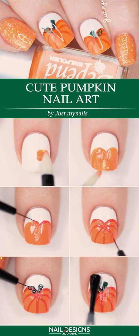 Creative but Easy Halloween Nails Designs You Can Copy ★ See more: https://naildesignsjournal.com/easy-halloween-nails-creative-ideas/ #nails Easy Fall Nail Ideas, Leaves Nail Art, Easy Halloween Nails Design, Pumpkin Nail Designs, Pumpkin Nail, Fall Leaves Nail Art, Pumpkin Nail Art, Fall Nail Ideas, Halloween Nails Easy