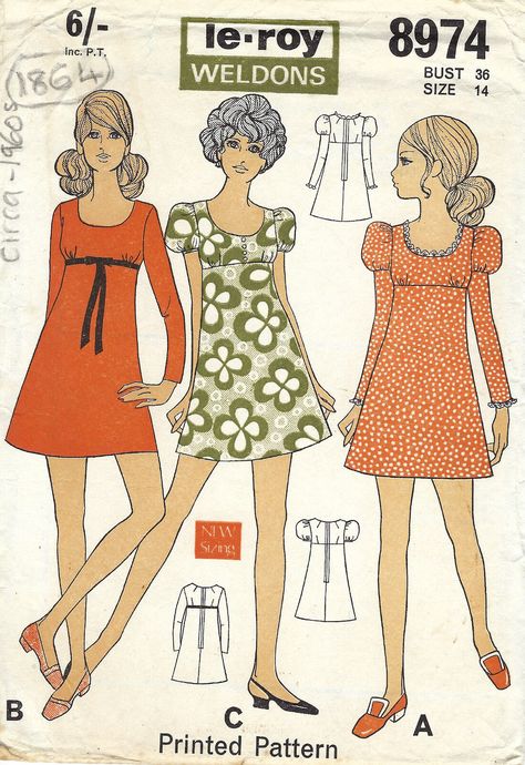 1960s Vintage Sewing Pattern B36" DRESS (1864) Barbara Hulanicki (Biba) Biba Fashion, Barbara Hulanicki, 60s Patterns, Vintage Vogue Sewing Patterns, Patron Vintage, Sew In Weave, Couture Mode, Couture Vintage, 1960s Fashion