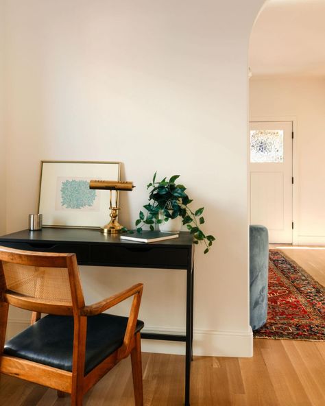 Wooden shelves and workspaces 👜📖🍂🖥️ Wanting a space for its residents to work and relax, we converted a large hallway in this house to a library and work area. Conveniently located by the kitchen and living room, this space is perfect for reading, class assignments, or whatever work you need to get done. Photos by @sydfullerphotography #books #shelves #office #interiordesign #decor #design #vintage Desk Area In Dining Room, Second Bedroom Office Ideas, Second Bedroom Office, Books Shelves, Bedroom Office Ideas, Shelves Office, Large Hallway, Desk Area, Desk Areas