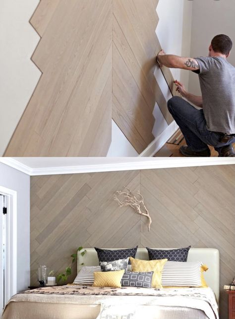 Herringbone Accent Wall Paint, Wood Panel And Wallpaper, Stick On Wall Panels, Laminate Wall Ideas, Natural Wood Accent Wall, Boards Wallpaper, Flooring On Walls, Pallet Accent Wall, Stick On Wood Wall