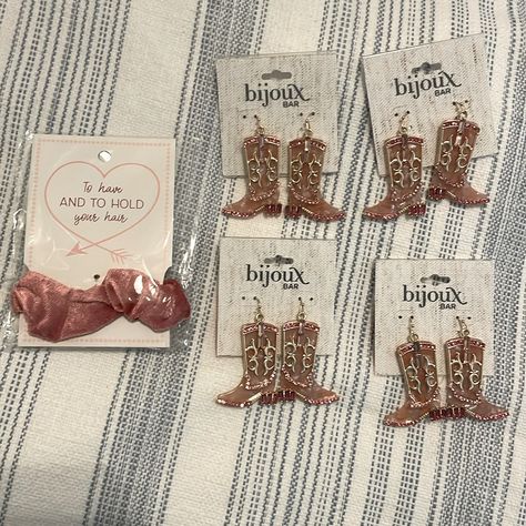 This Listing Is For All 4 Pairs Of Pink Cowgirl/Cowboy Boots Earrings, Plus One Pink Velvet Scrunchie. All Brand New In Original Packaging. Cute For Bachelorette Parties! Same Cowboy Forever Bachelorette Party, Bachelorette Bag, Cowgirl Bachelorette Parties, Cowgirl Bachelorette, Velvet Scrunchie, Nashville Bachelorette, Pink Cowgirl, Pink Velvet, All Brands