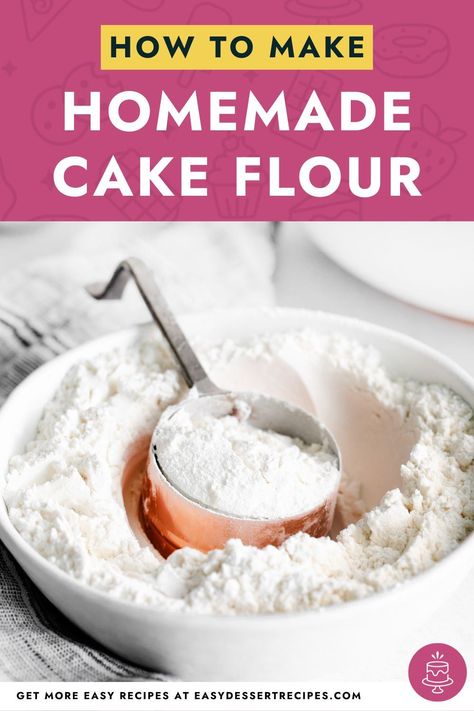 Learn how to make cake flour at home with this simple recipe. It’ll be ready in a pinch! Use this cake flour substitute to get light, tender cakes and baked goods. Pop over to my site for the recipe! Homemade Cake Flour, Make Cake Flour, Dessert Smoothies, Cake Flour Recipe, Cake Flour Substitute, Flour Substitute, Baking Substitutes, Baking Basics, Homemade Cake