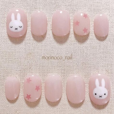 Kawaii Nail Inspo Short, Nail Aesthetic Simple, Pink Korean Nail Art, Natural Nail Nail Art, Bunny Short Nails, Sanrio Themed Nails, Miffy Nails Simple, Studio Ghibli Nail Art Simple, Miffy Nails Short