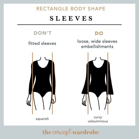 Rectangle Body Shape Sleeves Do's and Don'ts - the concept wardrobe Rectangle Body Shape Sleeves, Rectangle Body Shape Shoes, Column Body Shape Outfits, Body Shape Chart, Column Body Shape, Rectangle Body Shape Fashion, Rectangle Body Shape Outfits, Concept Wardrobe, Shape Chart