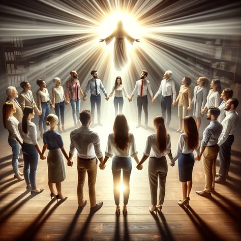 A diverse group of people in a circle, holding hands, under a radiant light symbolizing divine guidance and unity. Each person reflects different roles – a family member, a professional at work, and a community leader, all united in the spirit of love and good deeds, inspired by Hebrews 10:24-25. The scene conveys a sense of encouragement, leadership, and the power of uplifting others, appealing to Bible readers. Community Images People, Prayers For Monday, Family Praying Together, Holding Hands In A Circle, Unity Image, Monday Morning Prayer, Diverse Group Of People, People Praying, Human League