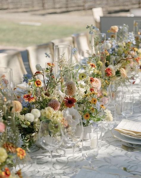 Midsummer Dream Wedding, May Wedding Decor Ideas, Garden Wedding Dinner Table, Table Setting Long Table, Early May Wedding, Spring Garden Wedding Tablescape, Wedding Reception One Big Table, Wildflower Long Table Wedding, Flower Decorations Wedding Table