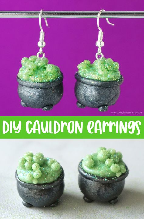 Cauldron Diy How To Make, Witch Earrings Clay, Witch Earrings Diy, Polymer Clay Witch Earrings, Halloween Clay Earrings Diy, Halloween Clay Earring Ideas, Polymer Clay Halloween Ideas, Fall Clay Ideas, Clay Cauldron