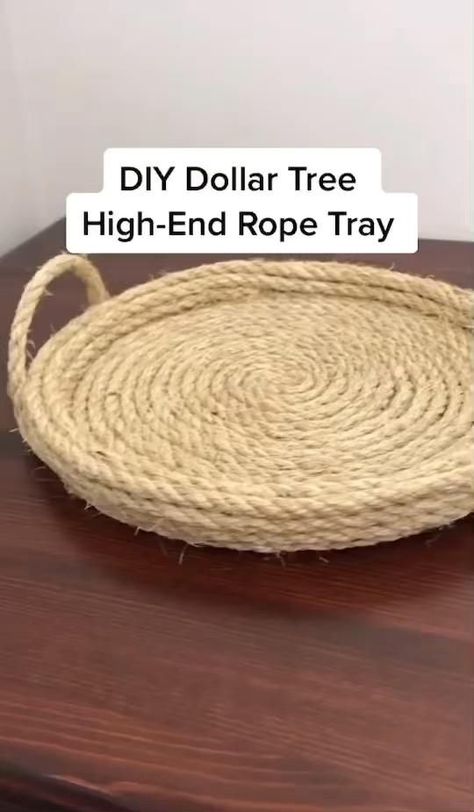 How to make a high-end DIY rope tray from Dollar Tree. Click the link for a full tutorial. #dollartreediy #dollartreecrafts #dollartreedecor #diyhomedecor How To Make A Tray Diy Ideas, Jute Tray Diy, Diy Rope Decor, Diy Rope Tray, Diy Trays Ideas, Boho Bedroom Diy Decor, Diy Table Tray, Diy Tray Ideas, Dollar Tree Boho Diy