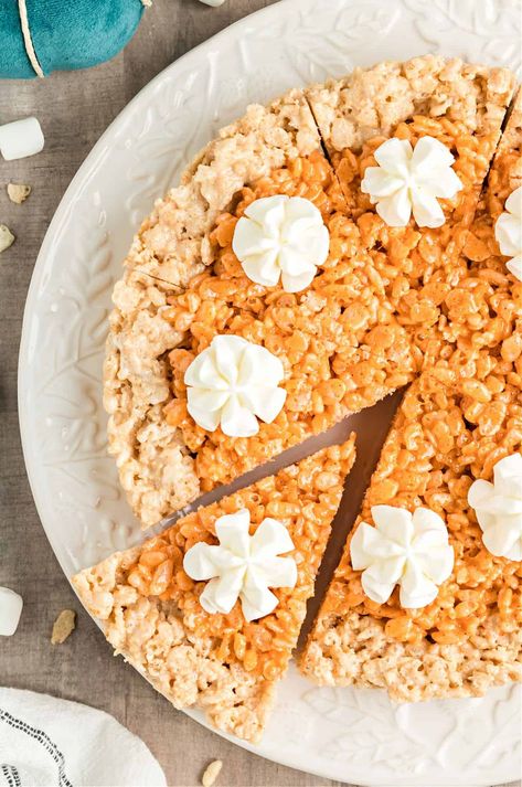 Pumpkin Pie Rice Krispie Treats - Shugary Sweets Turkey Rice Krispie Treats, Delicious Thanksgiving Desserts, Easter Rice Krispie Treats, Homemade Rice Krispies Treats, Pumpkin Pie Spice Mix, Pecan Cheesecake, Toffee Recipe, Shugary Sweets, Krispie Treats Recipe