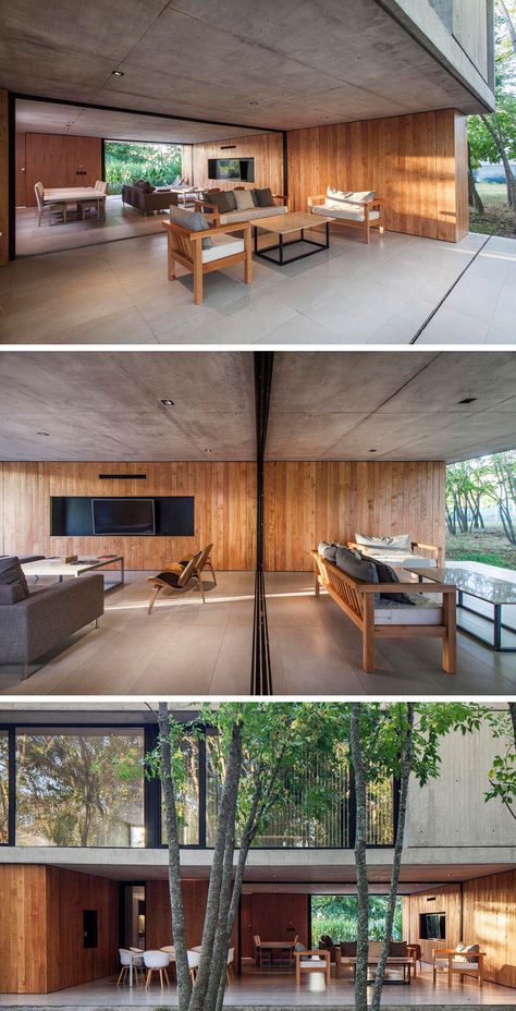 The Bottom Floor Of This Concrete And Wood House Is Almost Completely Open To The Outside Concrete Walls Interior Living Room, Concrete And Wood House, Concrete Ceiling Design, Wood And Concrete House, Ceiling Wood, Concrete Interiors, Alfresco Dining Area, Concrete Ceiling, Concrete Houses