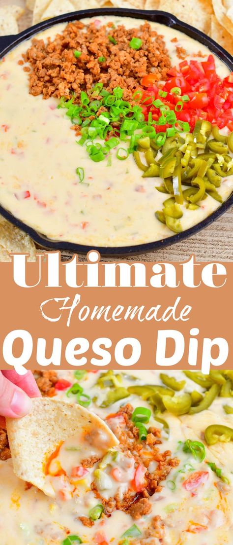 Make any party unforgettably delicious when you serve this Ultimate Queso Dip! It’s a mouthwatering combination of layers of rich, homemade queso, flavored refried beans, chorizo, and vegetables. You can also adjust this fully loaded queso dip to include the toppings of your choice. Loaded Queso Dip, Loaded Queso, Cheesy Queso Dip, Supreme Pizza Recipe, Homemade Queso, Spicy Queso, Beef Dip, Queso Dip Recipes, Delicious Dips Recipes