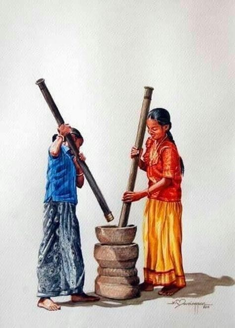 Tamil Culture Painting, Tamil Culture Drawing, Tamilnadu Culture, Tamil Art Culture, Village Scene Drawing, Childhood Memories Art, Human Figure Sketches, Indian Illustration, Scene Drawing