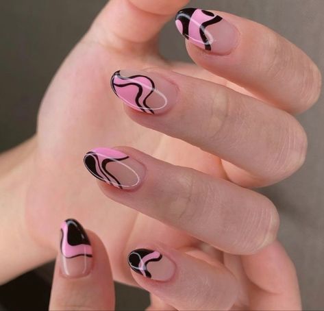 Pink And Black Nails Almond, Pink Black White Nails, Black And Pink Almond Nails, Black And Light Pink Nails, Pink And Black Almond Nails, Black White And Pink Nails, Light Pink And Black Nails, Pink Black And White Nails, Nail Vibes