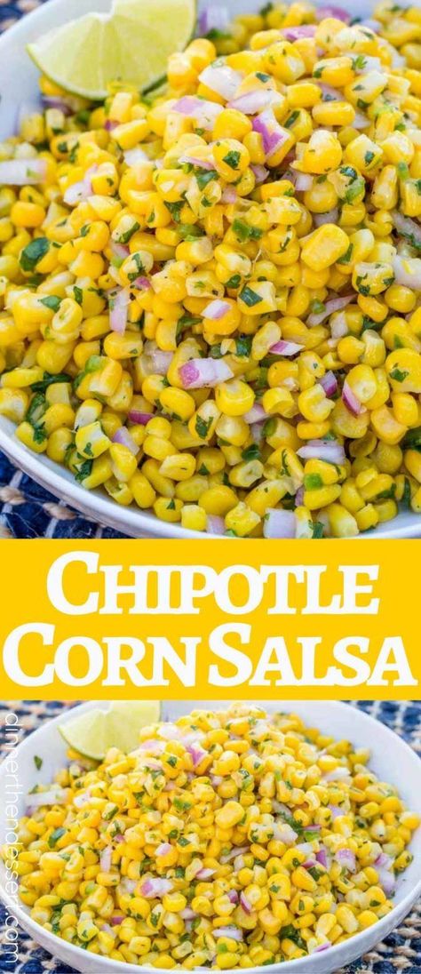 Chipotle Corn Salsa Copycat with lime, jalapeno and red onion is so easy! Chipotle Bar, Bunco Snacks, Chipotle Corn Salsa, Chipotle Corn, Chipotle Recipes, Copycat Chipotle, Fresh Corn Salad, Recipe Mexican, Corn Salsa