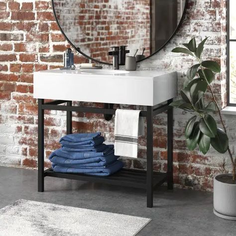 Steelside™ Whittier 30” Single Bathroom Vanity Set & Reviews | Wayfair Metal Vanity Bathroom, Metal Bathroom Vanity, Folded Towels, Industrial Bathroom Vanity, Console Sink, Mirror Backsplash, Bathroom Vanity Base, Laundry Sink, Merola Tile