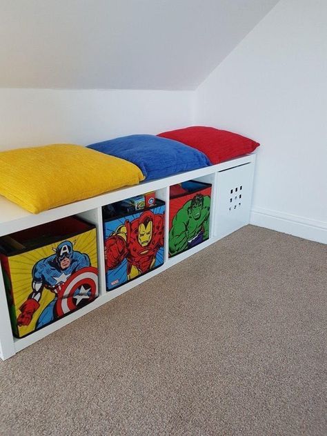 Toddler Boy Room Superhero, Kids Avengers Bedroom, Avengers Room Ideas Boy Bedrooms, Kids Room Attic, Super Hero Bedroom Ideas, Avenger Bedroom Ideas, Boys Marvel Bedroom Ideas, Marvel Bedroom Ideas Boy Rooms, Avengers Kids Room