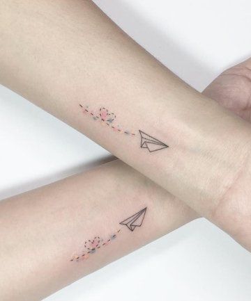 33 Best Friend Tattoos - Matching Tattoo Ideas for Your BFF Matching Friendship Tattoos, Paper Airplane Tattoos, Plane Tattoo, Matching Friend Tattoos, Matching Best Friend Tattoos, Matching Sister Tattoos, Bff Tattoos, Friendship Tattoos, Matching Tattoo