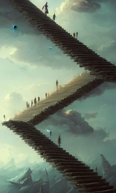 Lexica – Endless stairs made of books leading to heaven, sky full of clouds, art by greg rutkowski and peter mohrbacher, featured in artstation, octa... Stairs Concept Art, Dream World Drawing, Infinite Staircase, Endless Stairs, Walking Stairs, Sky Full Of Clouds, Long Staircase, Stairway Art, Focus Illustration