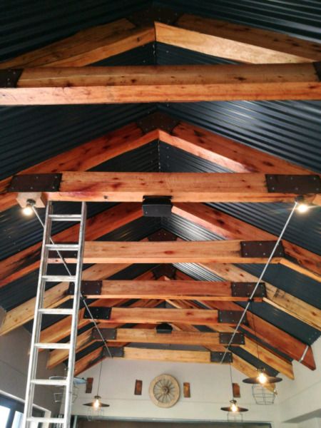 Metal Roof Ceiling Ideas, Roof Beams Ideas, Black Tin Ceiling Ideas, Galvanized Roofing Ideas, Tin Roof Inside House, Metal Roofing Ceiling, Black Corrugated Metal Ceiling, Wood Rafters Ceiling, Houses With Tin Roofs