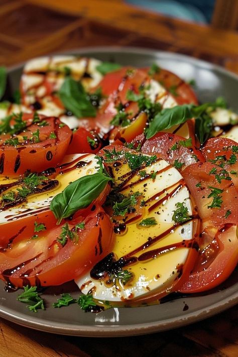 Caprese Salad with Balsamic Glaze is a delicious and nutritious choice for any mealtime! 🍅🧀 Made with fresh tomatoes, creamy mozzarella, and fragrant basil, this salad is a delightful blend of vibrant flavors and smooth texture. Quick to prepare and bursting with garden-fresh goodness, Caprese Salad with Balsamic Glaze is perfect for a refreshing appetizer or special treat. Indulge in this vibrant twist on a classic favorite today! 😋🌿 #CapreseSalad #HealthyEating #FreshFlavors #BalsamicGlaze Tomato Basil Salad, Balsamic Glaze Recipes, Fast Easy Meals, Holiday Menus, Lunch To Go, Balsamic Glaze, Fresh Tomatoes, Dinner Tonight, Caprese Salad