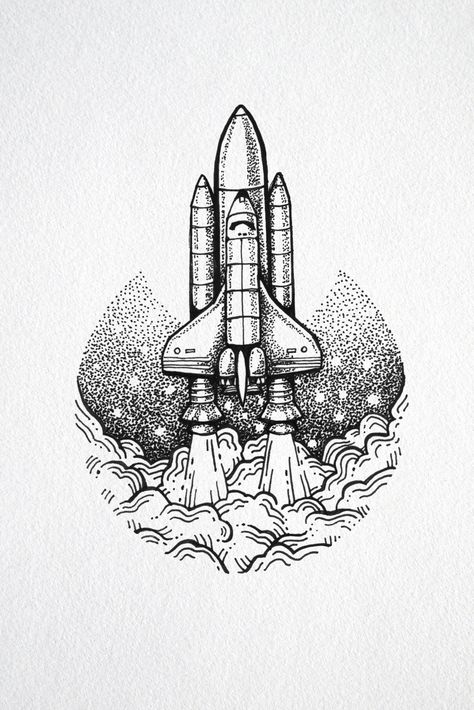 Minimalistic pointillism fine line drawing of a rocket ship blast off in space. Made with black archival ink Micron pens. Art prints available for purchase. Astronaut And Rocket Drawing, Apollo Rocket Tattoo, Space Pen Art, How To Draw A Rocket Ship, Rocket Line Art, Spaceship Tattoo Design, Spaceship Drawing Sketches, Spaceship Simple, Space Rocket Tattoo