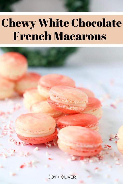 These chewy white chocolate french macarons are made festive with peppermint. They are the perfect festive Christmas cookie to add to your holiday table. These delicious french macarons will add a pop of festive color to your Christmas table! #christmascookies #macarons #cookies #holidayrecipes #peppermintcookie White Chocolate Peppermint Macarons, Peppermint Macarons Recipe, Peppermint Macarons, Cookies Peppermint, Peppermint White Chocolate, Macaron Recipes, French Macarons Recipe, Cookie Board, Christmas Macarons