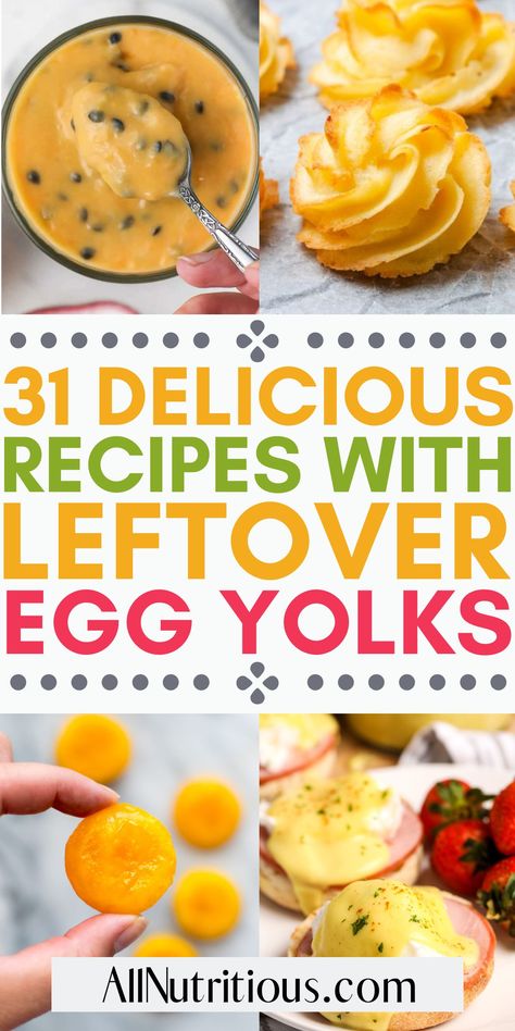 If you are wanting to create more recipes with egg yolks you need to try these incredibly easy egg yolk recipes. These sweet and savory egg yolk dishes are perfect to make when you have leftover egg yolks. The egg recipes include breakfast, desserts, appetizers and more! Recipes With Egg Yolks, Leftover Egg Yolks Recipes, Egg Yolk Recipe, Yolk Recipes, Egg Yolk Uses, Egg Yolk Recipes, Cured Egg Yolk, Cured Egg, Lemon Soup