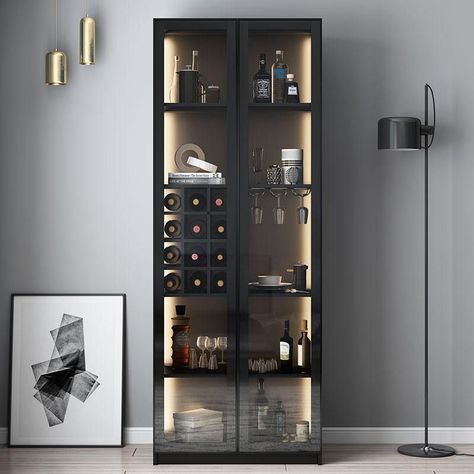 Bar Cabinet Ideas, Cabinet Wine Storage, Modern Drinks Cabinet, Wine Glass Cabinet, Wine Cabinet Kitchen, Wine Cabinet Design, Corner Wine Cabinet, Black Display Cabinet, Wine Glass Storage