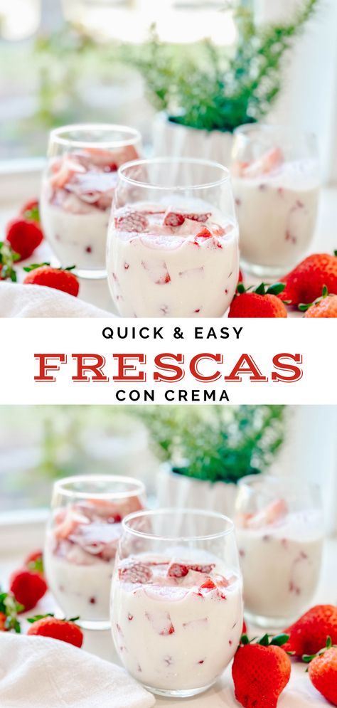 Whip up a batch of Fresas con Crema, a beloved Mexican treat that combines juicy strawberries with a velvety cream. It's not only delightful and easy to make but also perfect for any hot summer day or family gathering. Dive into this simple, quick dessert that captures the essence of Mexico with every sweet, creamy bite. #strawberriesandcream Mexican Strawberry Cream Drink, Hot Day Dessert Ideas, What To Make With Strawberries Easy, Strawberry Mexican Dessert, Strawberry Crema Fresca, Strawberries Con Crema, Strawberry Cream Drink, Strawberry’s And Cream, Strawberry And Cream Recipes