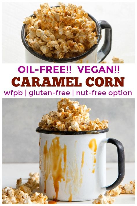 Get snacking with this delicious CARAMEL CORN! Recipe is #vegan #glutenfree #oilfree with a #nutfree option. #popcorn #snacks #snacking #healthy #caramelcorn #wfpbno #plantbased #caramel Caramel Corn Recipe, Healthy Vegan Dessert, Cheesecake Vegan, Vegan Snack Recipes, Popcorn Snacks, Vegan Caramel, Vegan Snack, Corn Recipe, Healthy Vegan Snacks