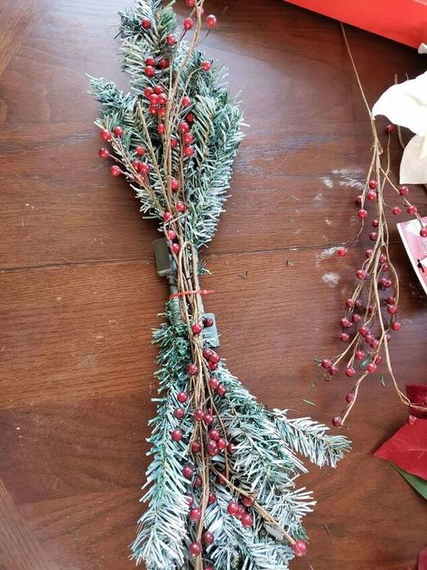 White Dollar Tree Christmas Tree, Stairway Swag Diy, Dollar Tree Christmas Swag, Dollar Store Christmas Tree Swags, How To Make A Christmas Swag, Diy Christmas Swags, Christmas Swag Made From Old Christmas Tree, Dollar Tree Christmas Swags Diy, Diy Christmas Swag How To Make