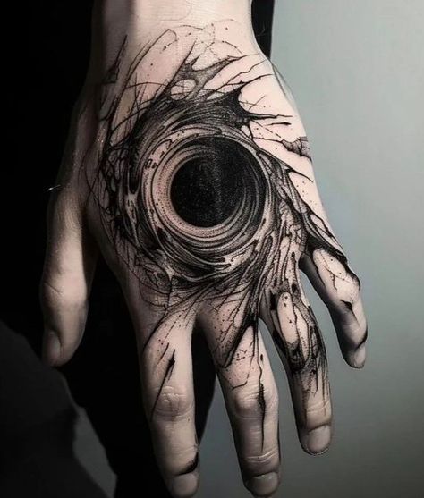 Dark Tatoos Aesthetic, Black Moon Tattoo Design, Hand Tattoos Blackwork, Black On Black Tattoo, Dark Elbow Tattoo, Cyberpunk Hand Tattoo, Paradoxical Tattoo, Men’s Hand Tattoos, Abyss Tattoo