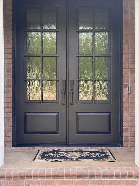 Modern Iron Front Doors, Frosted Glass Double Front Door, Hammered Glass Front Door, Double Front Doors With Side Windows, Steel Doors Exterior Front Entry, Iron Entry Doors Double, French Double Doors Entrance Front Entry, Double Front Doors With Glass Panels, Iron Front Door Double