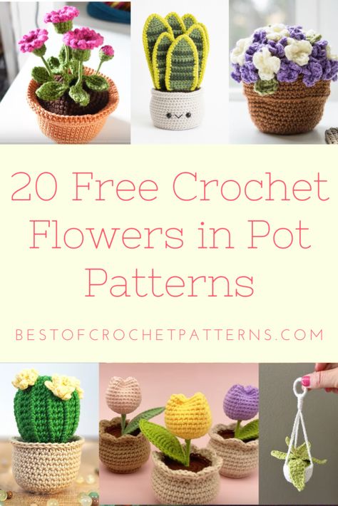 From the heart of spring to your home, explore 20 free crochet patterns for flowers in pots that are as delightful to make as they are to display. Click to learn more! Crochet Small Succulent Pattern Free, Potted Flower Crochet Pattern, Potted Plant Crochet Pattern, Flower In Pot Crochet, Crochet Potted Flowers, Crochet Vase Pattern Free, Free Plant Crochet Patterns, Crochet Garden Ideas, Crochet Potted Plants Free Pattern