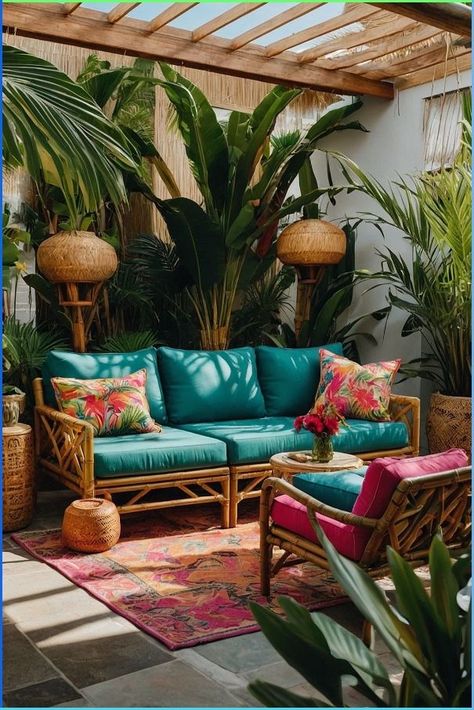 Tiki Patio Ideas, Miami Backyard, Patio Nook, Colourful Gardens, Tiki Backyard, Tiki Patio, Deck Plants, Florida Lanai, Tiki House