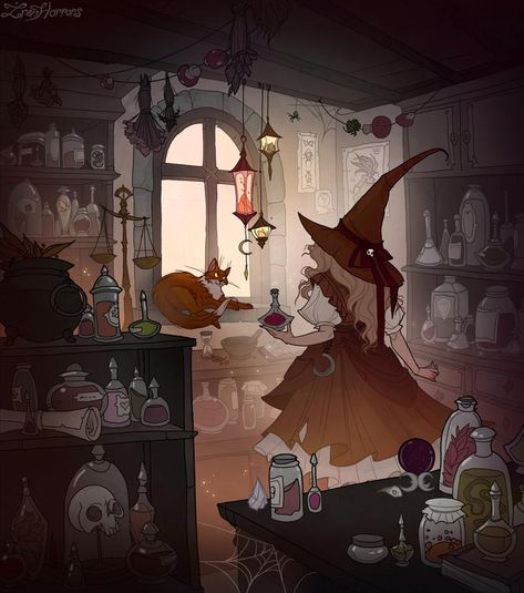 Apothecary Witch by IrenHorrors on DeviantArt Witchy Anime Aesthetic, Cartoon Witch Aesthetic, Witch Aesthetic Cartoon, Witch Shop Art, Witch Aesthetic Illustration, Magepunk Aesthetic, Witch Room Drawing, Anime Witch Aesthetic, Witch Drawing Aesthetic