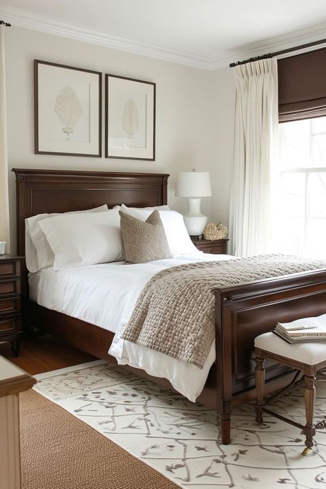 25 Captivating Brown and White Bedroom Ideas You'll Love Bedroom With Brown Headboard, Bedroom Decor Ideas With Dark Furniture, Dark Wood And White Bedroom, Bedroom Ideas With Dark Wood Furniture, Dark Headboard Bedroom Decor, Bedroom Decor Dark Wood, Brown And White Bedroom Ideas, Brown And White Bedroom, Wood Furniture Bedroom Decor