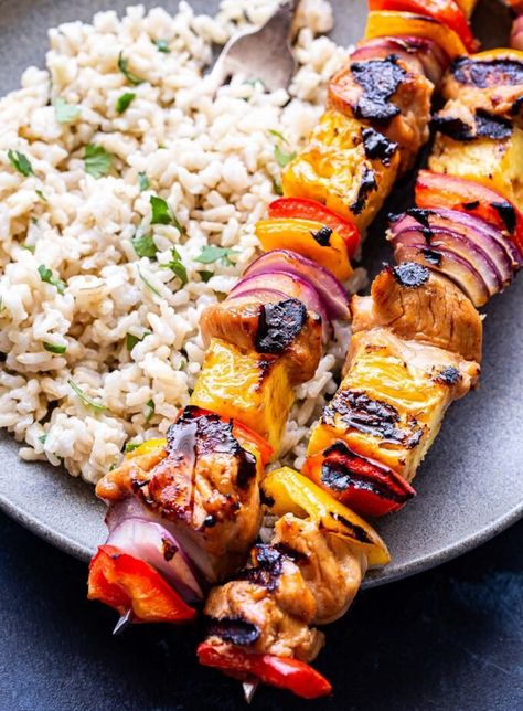 Hawaiian Chicken Skewers, Cilantro Marinade, Chicken Kebobs, Recipe Runner, Hawaiian Chicken Kabobs, Healthy Summer Dinner, Coconut Rice Recipe, Chicken With Rice, Cilantro Rice