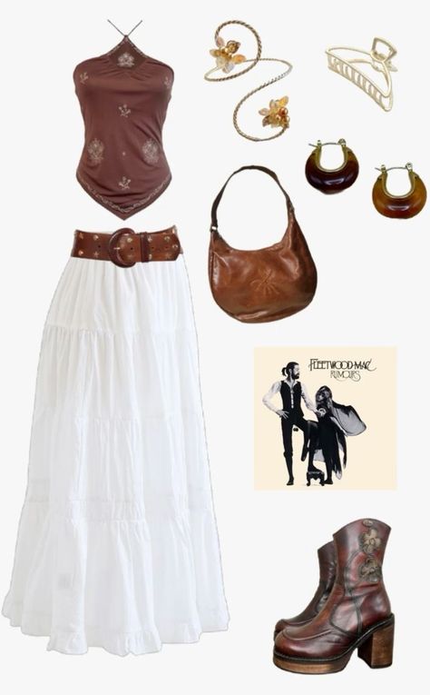 Stevie Nicks Summer Outfits, Fit With Long Skirt, Daisy Jones And The Six Outfit Aesthetic, Coachella Long Skirt Outfit, Outfits With A Brown Skirt, Iconic Summer Outfits, Stevie Nicks Outfit Ideas, Woodstock Inspired Outfits, Fleetwood Mac Concert Outfit Ideas