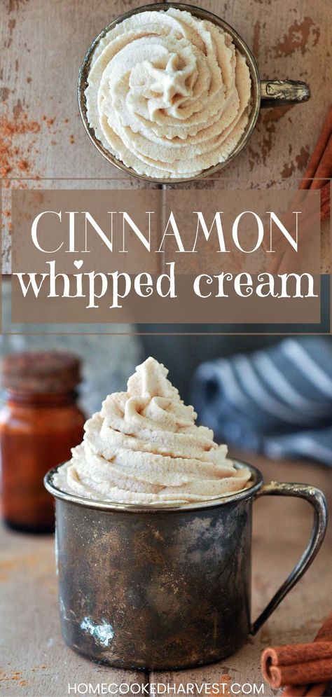 Homemade Cinnamon Whipped Cream will be your favorite dessert topper. I'll show you how to make cinnamon whipped cream with this easy recipe. Cinnamon Whipped Cream Recipe, Whipped Cream Canister Recipes, Christmas Whipped Cream, Homemade Flavored Whipped Cream, Cinnamon Whipped Cream Frosting, Frozen Whipped Cream For Hot Chocolate, Cinnamon Cool Whip, Whipping Cream Desserts, Home Made Whipped Cream