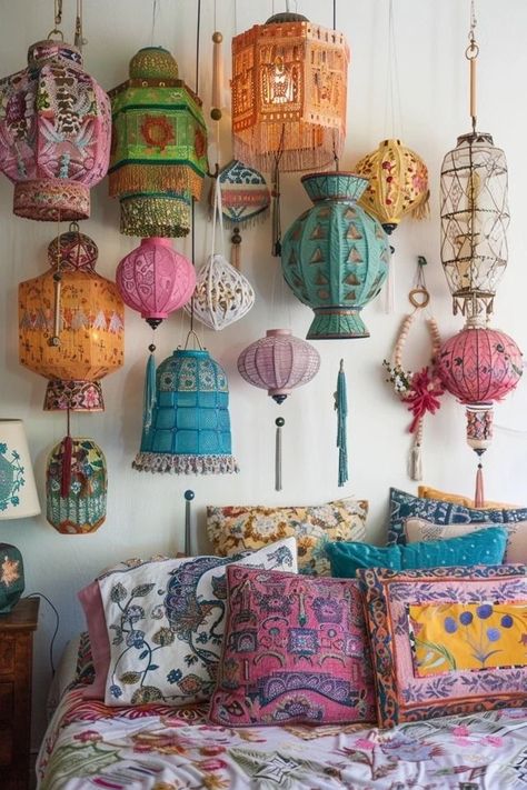 Eclectic Lampshade Diy, Boho Lamps Bedrooms, Boho Bedroom Lamps, Lanterns In Bedroom, Boho Lamps Bohemian Decor, Diy Boho Lampshade, Diy Lantern Lights, Colorful Boho Bedroom, Bohemian Style Interior Design