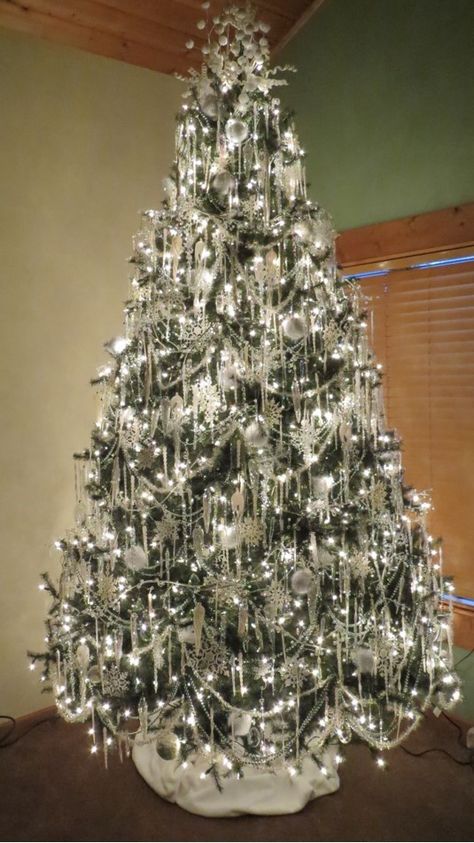 White Christmas Tree Clear White Christmas Tree, White And Metallic Christmas Tree, Diamonds And Pearls Christmas Tree, Icecicle Christmas Tree, White Crystal Christmas Tree, White Tinsel Christmas Tree, Frosty Christmas Tree, Frosted Christmas Tree Decor, White Light Christmas Tree