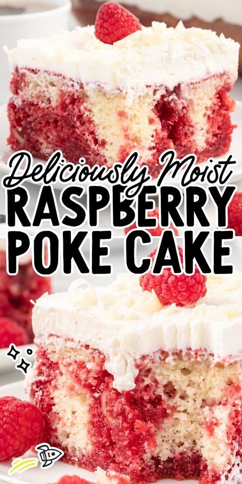 A raspberry poke cake is a delicious dessert that takes a classic cake and infuses it with the flavor of tart raspberries. This moist poke cake is filled with raspberry jello and preserves and topped with a sweet white chocolate whipped topping that is utterly decadent. Raspberry Poke Cake, Raspberry Jello, Classic Cake, Poke Cake, Whipped Topping, White Chocolate, Delicious Desserts, Tart, Raspberry