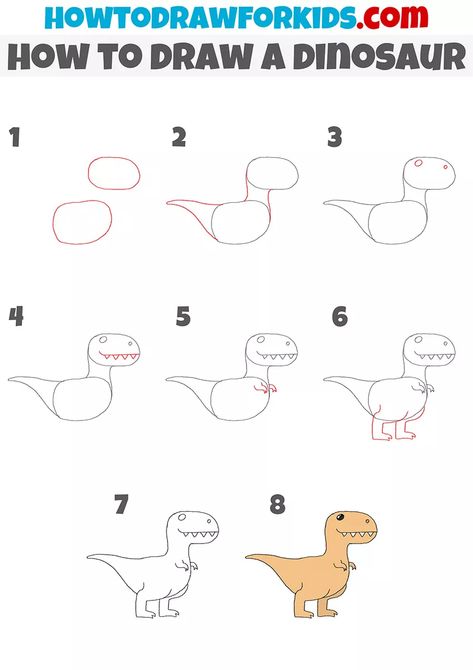 How to Draw a Dinosaur Easily - Easy Drawing Tutorial For Kids How To Draw A T-rex, Draw A Dinosaur, Easy Dinosaur Drawing, Very Easy Drawing, Dinosaur Sketch, Drawing Lessons For Kids, Dinosaur Drawing, Draw Animals, Easy Drawing Tutorial