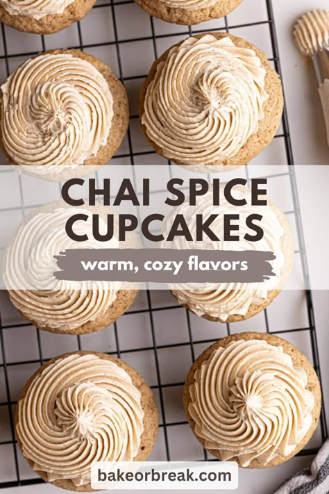 These warm, cozy Chai Spice Cupcakes with creamy chai-spiced frosting are packed with the perfect blend of spices, making them perfect for chai lovers and anyone who enjoys sweet, spiced desserts! Chai Spice Muffins, Chai Spiced Desserts, Chai Cupcake, Spiced Frosting, Spiced Desserts, Chai Muffins, Spiced Cupcakes, Chai Cupcakes, Pumpkin Cheesecake Brownies