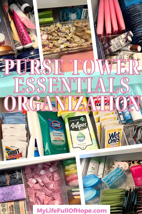 HOW TO ORGANIZE PURSE ESSENTIALS - PURSE TOWER ORGANIZATION - Do you feel like you are always running out of items for your purse, handbag, book bag when you are out & about because everything is displaced in your home or you simply forgot to purchase them. Sharing how my purse organization for all of musthaves & essentials. Using this 7 drawer cabient creates great storage & wonderful clean aesthetic. Great for every womens daily needs! Create one for yourself! #handbags #purses #pursetower Inside Handbag Organization, Organisation, On The Go Bag Essentials, Organize Purse Contents, Women Purse Essentials, Purse Essentials Organization, Purse Restock Station, Dollar Tree Purse Essentials, Amazon Purse Essentials