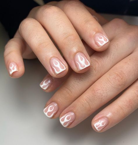 Short white flame nails Short Nails Flames, Flame Short Nails, White Fire Nail Design, Flame Nails Short, Short Flame Nails, White Flame Nails, Flame Nails, Whatsapp Wallpaper Cute, Fire Drawing