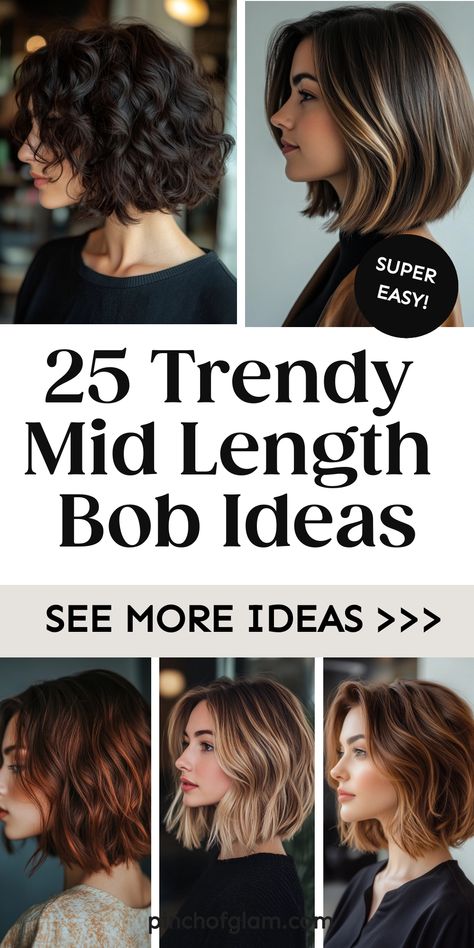 Looking for a chic and versatile new hairstyle? Check out these trendy mid-length bob hairstyles that are perfect for any occasion! Whether you prefer a classic mid-length bob cut or want to add layers for extra volume and texture, there's a style that will suit your personality. Embrace the effortless beauty of a mid-length bob haircut and get ready to turn heads wherever you go! Experiment with different styling options like loose curls, beachy waves, or sleek straight hair to find your signat Sassy Mid Length Haircuts, Textured Bob Medium Length, Choppy Lob Haircut Mid Length Side Part, Slight Bob Haircut, Long Layered Bobs Mid Length, Layer Bob Haircut Medium, Modern Midi Haircut, Mid Length Wavy Bob, Sleek Long Bob Haircut