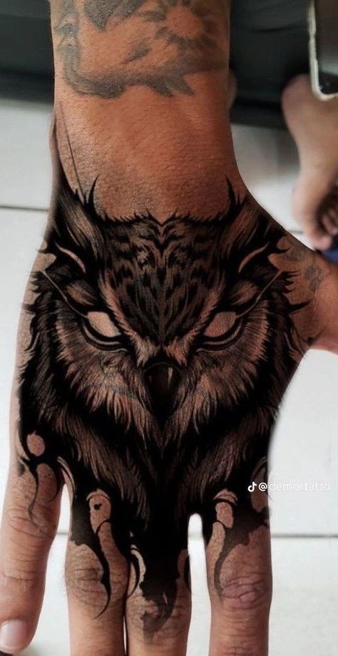 Realism Hand Tattoos For Guys, Forest Hand Tattoo, Dark Cover Up Tattoos Men, Cover Up Tattoos For Men Hand, Dark Art Hand Tattoo, Best Men Tattoos Ideas, Animal Hand Tattoos For Guys, Owl Tatoos Men, Men’s Around Knee Tattoo